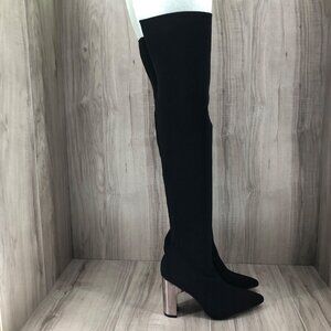 Big Tree OTK Boots Women's EU 37 Black Sock Silver Heel Over The Knee Pull On